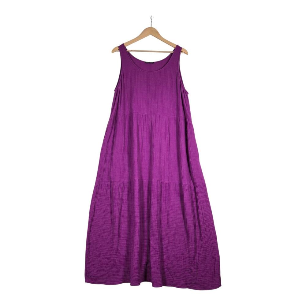 Eileen Fisher Cotton Lofty Gauze Tiered Maxi Dress XL Grape Fit 1X 2X Lagenlook